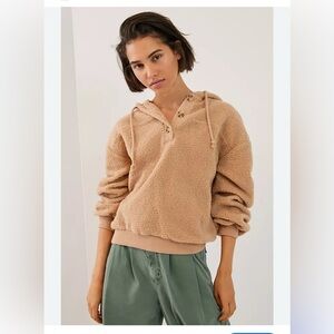 Anthropologie Current Air Women Xs Fleece Teddy Hoodie Pullover Sweater Brown